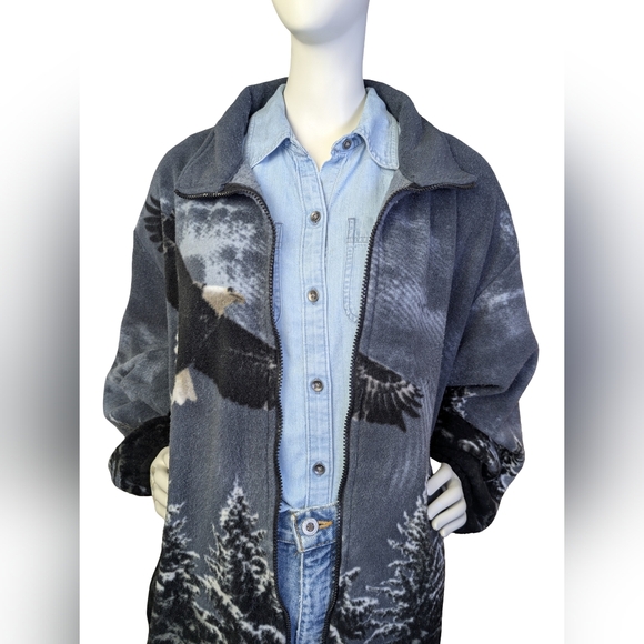 Vintage Bald Eagle Scenic Fleece Zip Jacket XXL Oversized Forest Cabin Cozy - Picture 3 of 7
